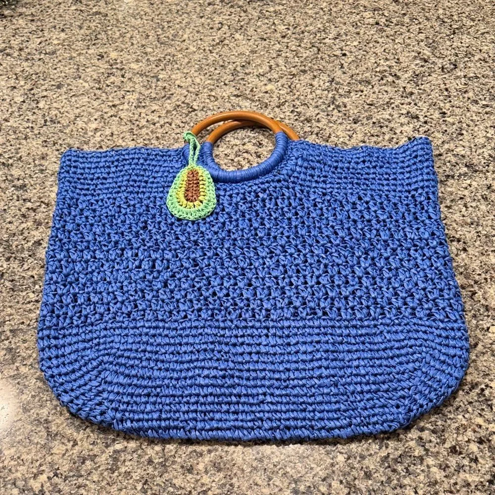 Blue straw Tote Bag with Wooden Handles